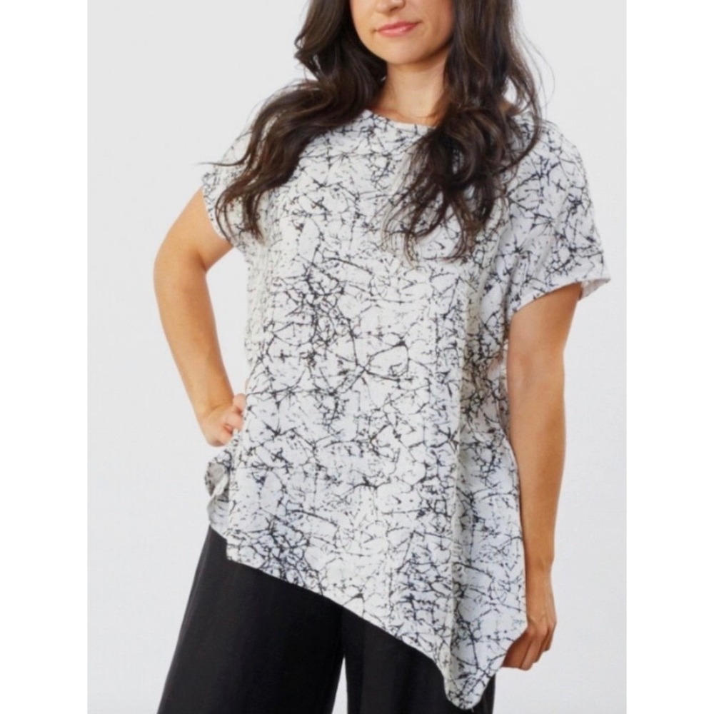 Bryn Walker Ivy Tunic Linen Assymetrical Cream Black Crackle Print Size Large